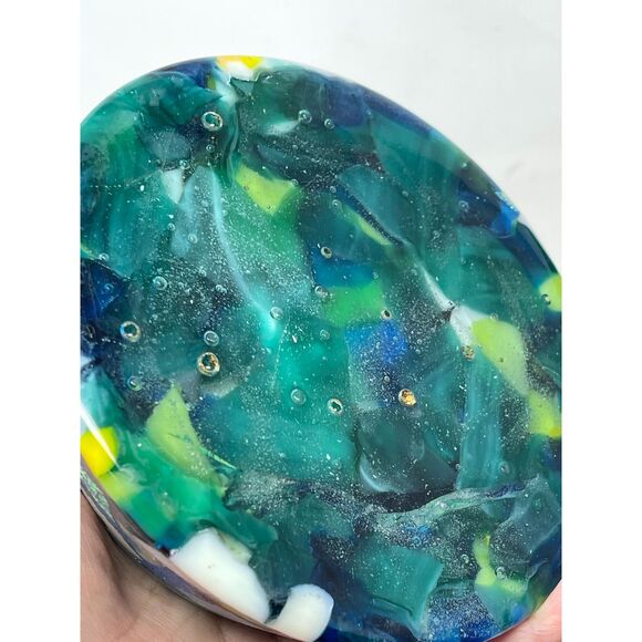 Vintage Large fused Glass Blue Handmade Lidded Trinket Dish Sugar Bowl Art - Picture 7 of 9